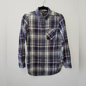 Roots Women's Flannel Button Down Purple Gray Button Tab Sleeve Size XS